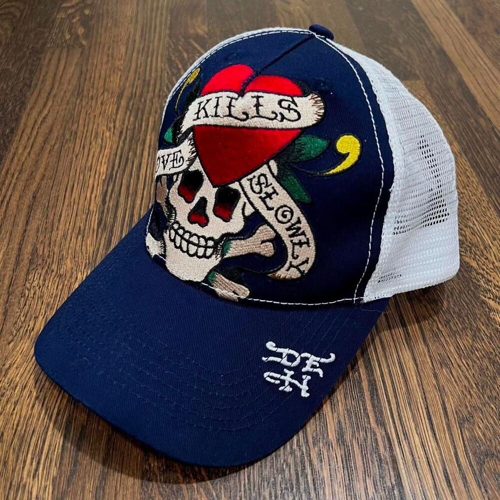 ed hardy navy blue skull heart multi-colored “love kills slowly” hat